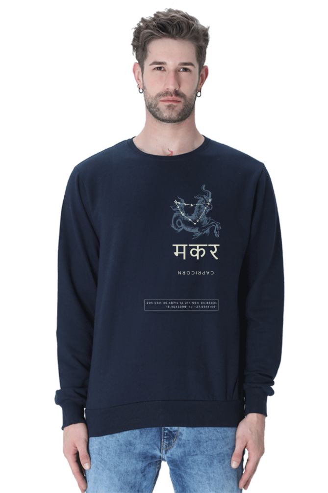 Outspoken navy blue astrology graphic crewneck with Capricorn zodiac design worn by male model