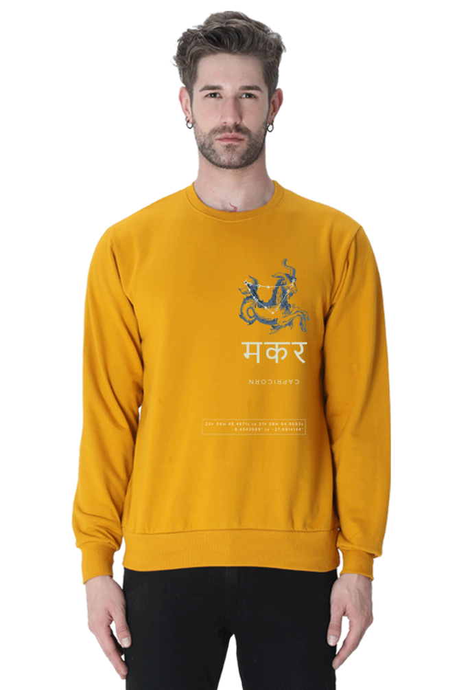 Outspoken mustard yellow astrology graphic crewneck with zodiac design worn by male model