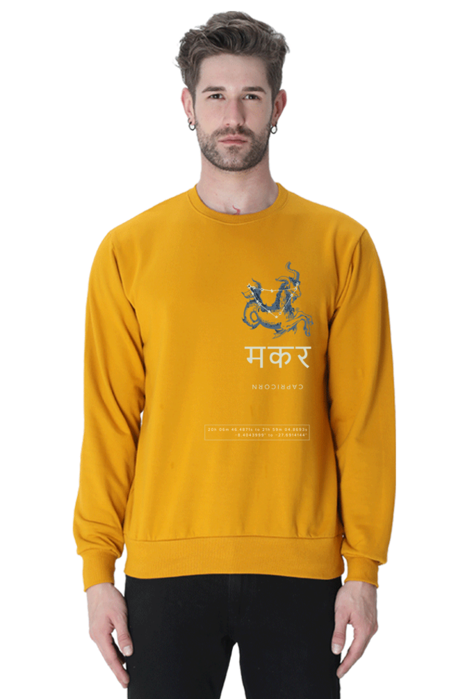 Outspoken mustard astrology graphic crewneck with zodiac design worn by male model