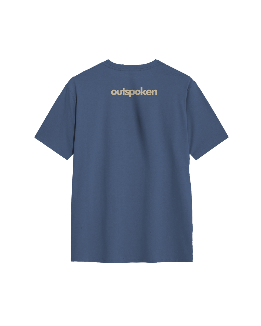 Back view of Outspoken classic fit presidential shirt in blue with logo print on upper back