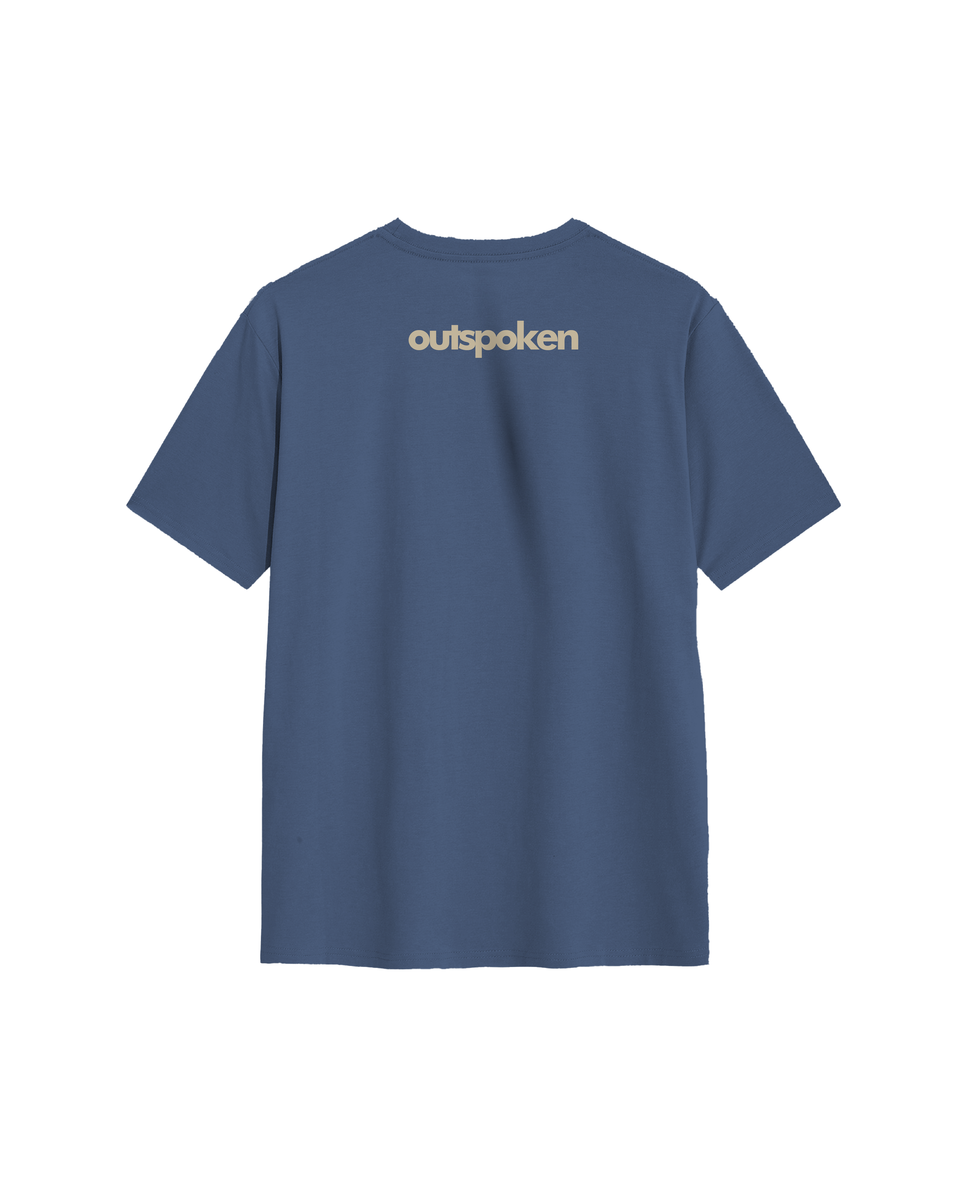 Back view of Outspoken classic fit presidential shirt in blue with logo print on upper back