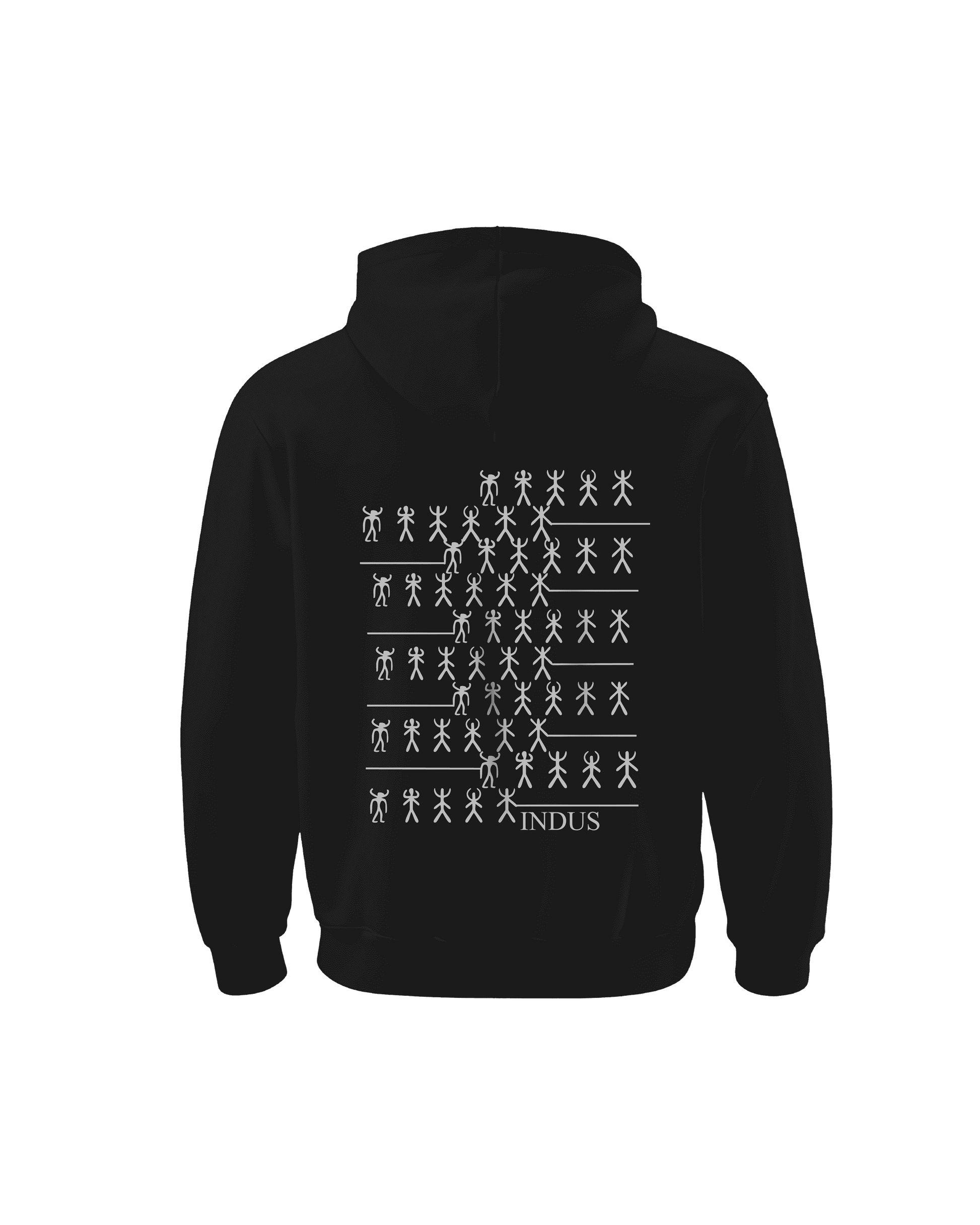 Black hoodie with white ancient Indus script design on back from Outspoken cultural statement apparel
