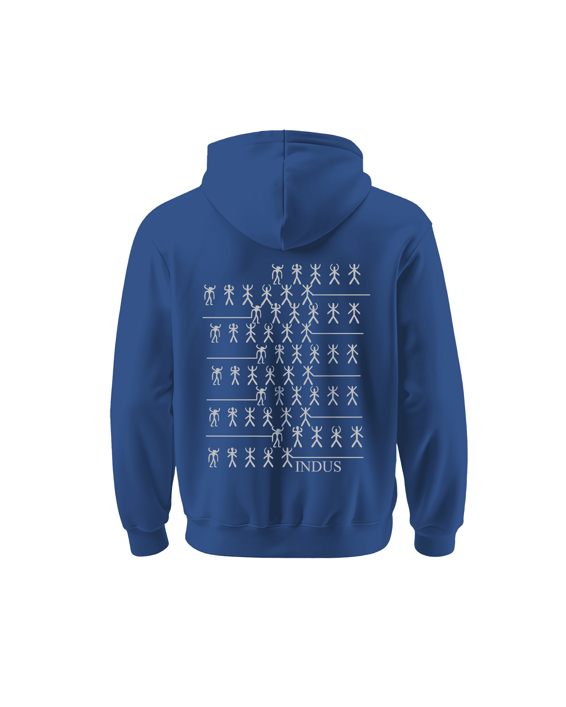 Blue hoodie with white Indus script design on back cultural statement apparel by Outspoken