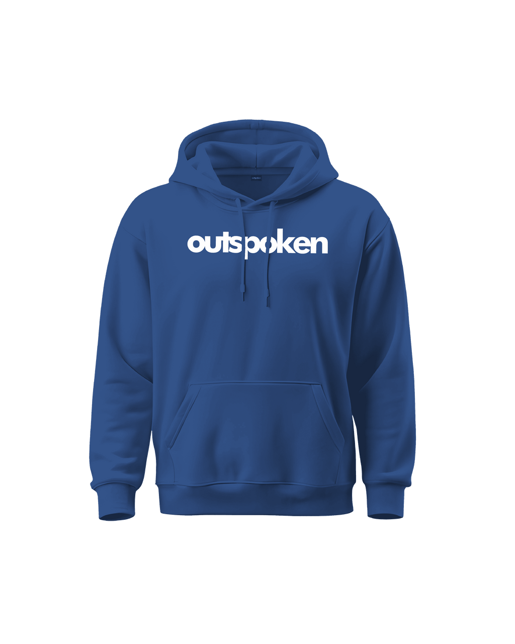 Blue Outspoken hoodie with white logo front pocket and hood cultural statement apparel
