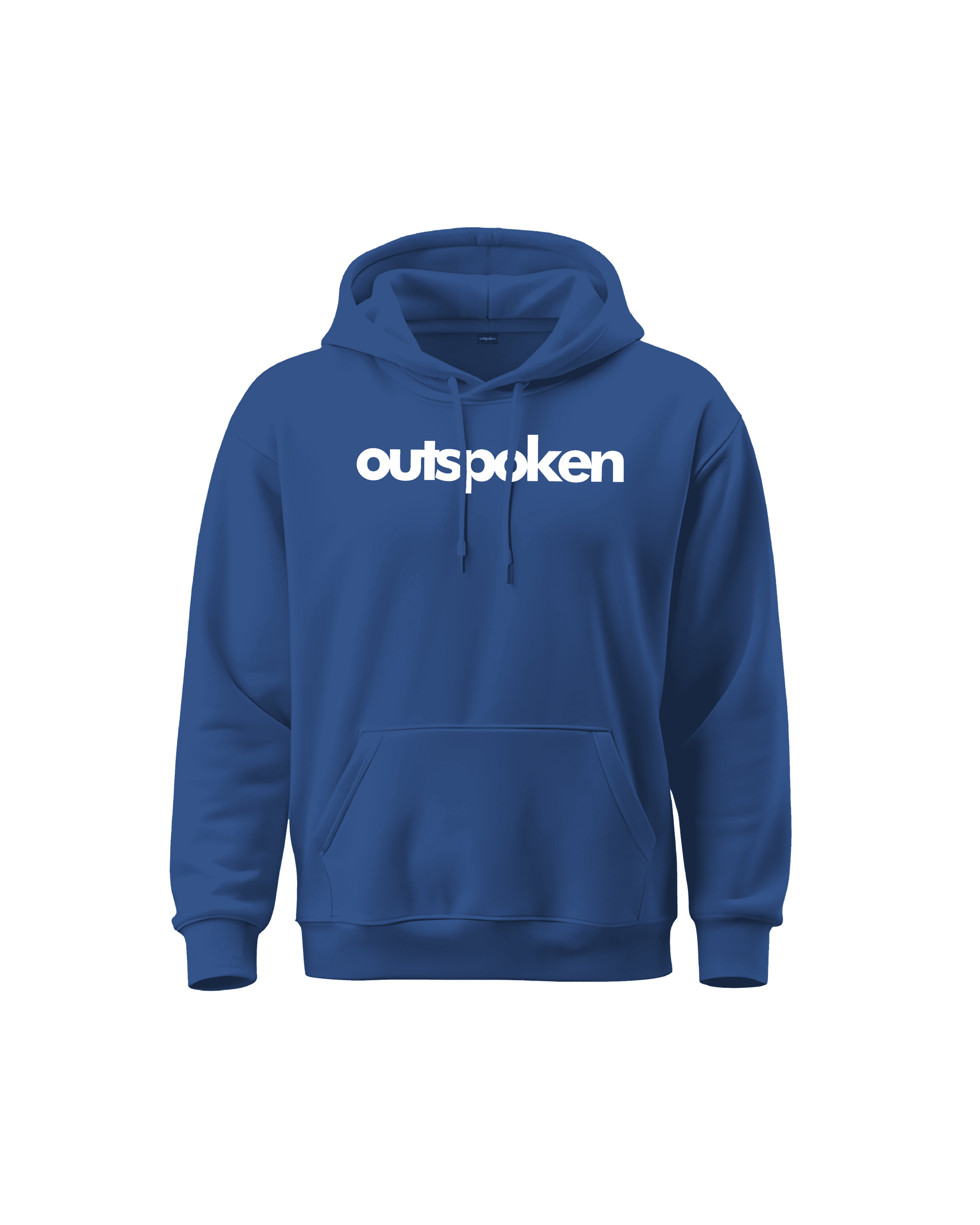 Blue Outspoken hoodie with white logo front pocket and hood cultural statement apparel
