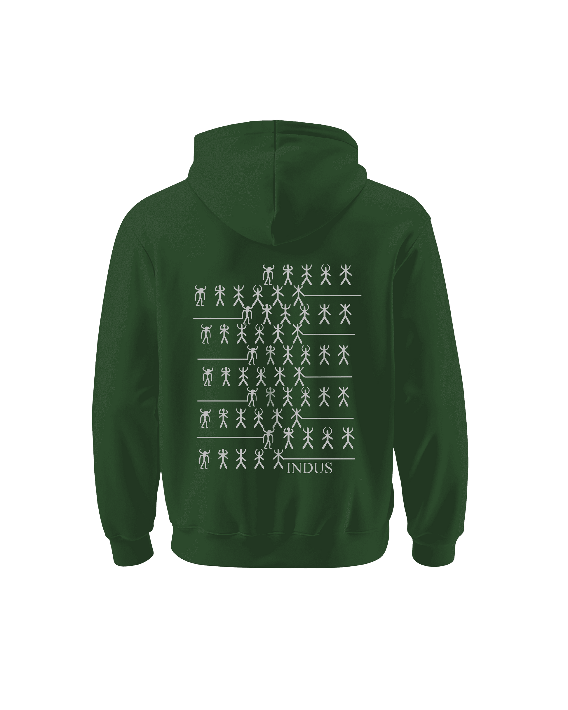 Outspoken green hoodie with white Indus script design on back cultural statement apparel