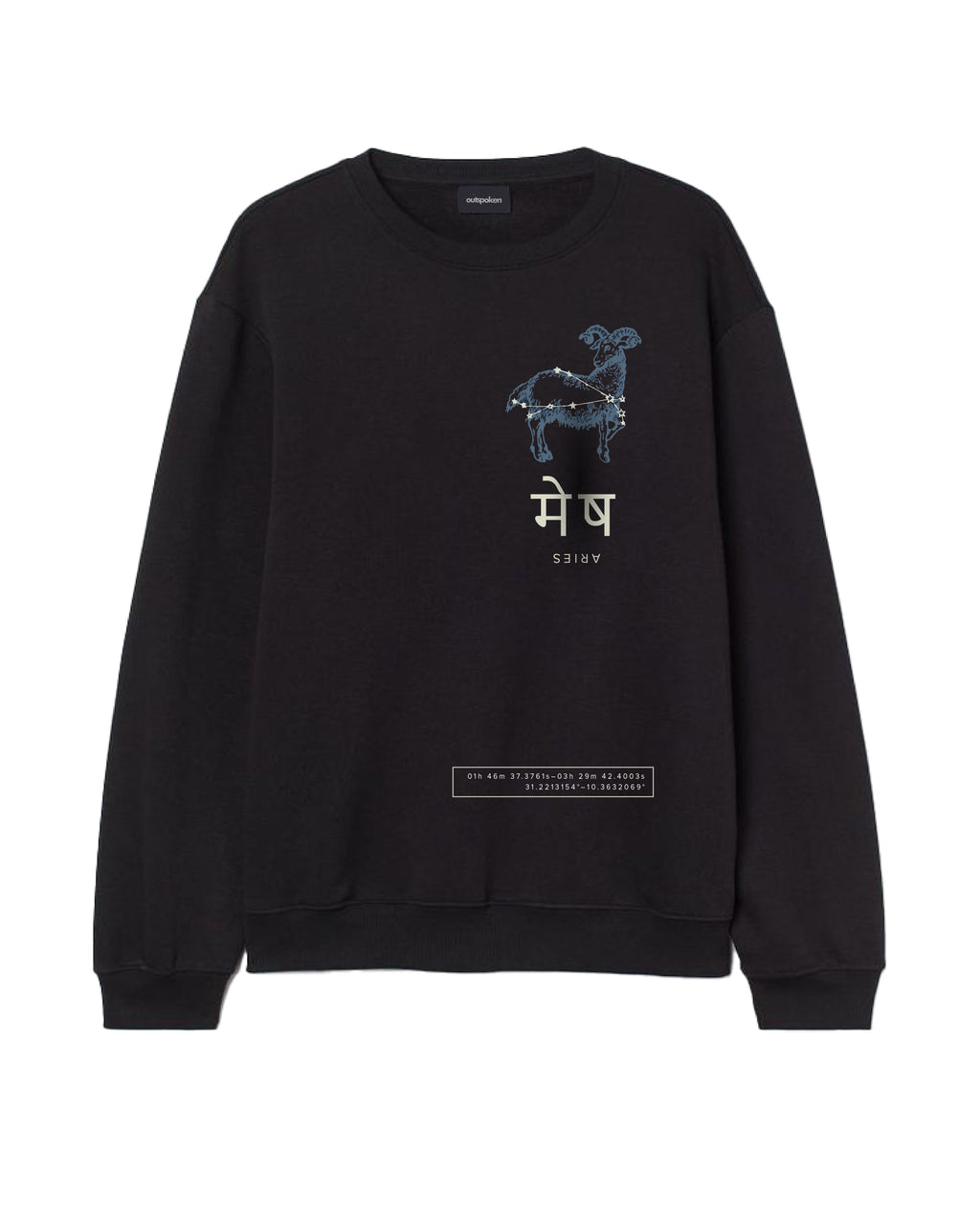 Outspoken black cultural zodiac sweatshirt India with Aries constellation and Hindi text design