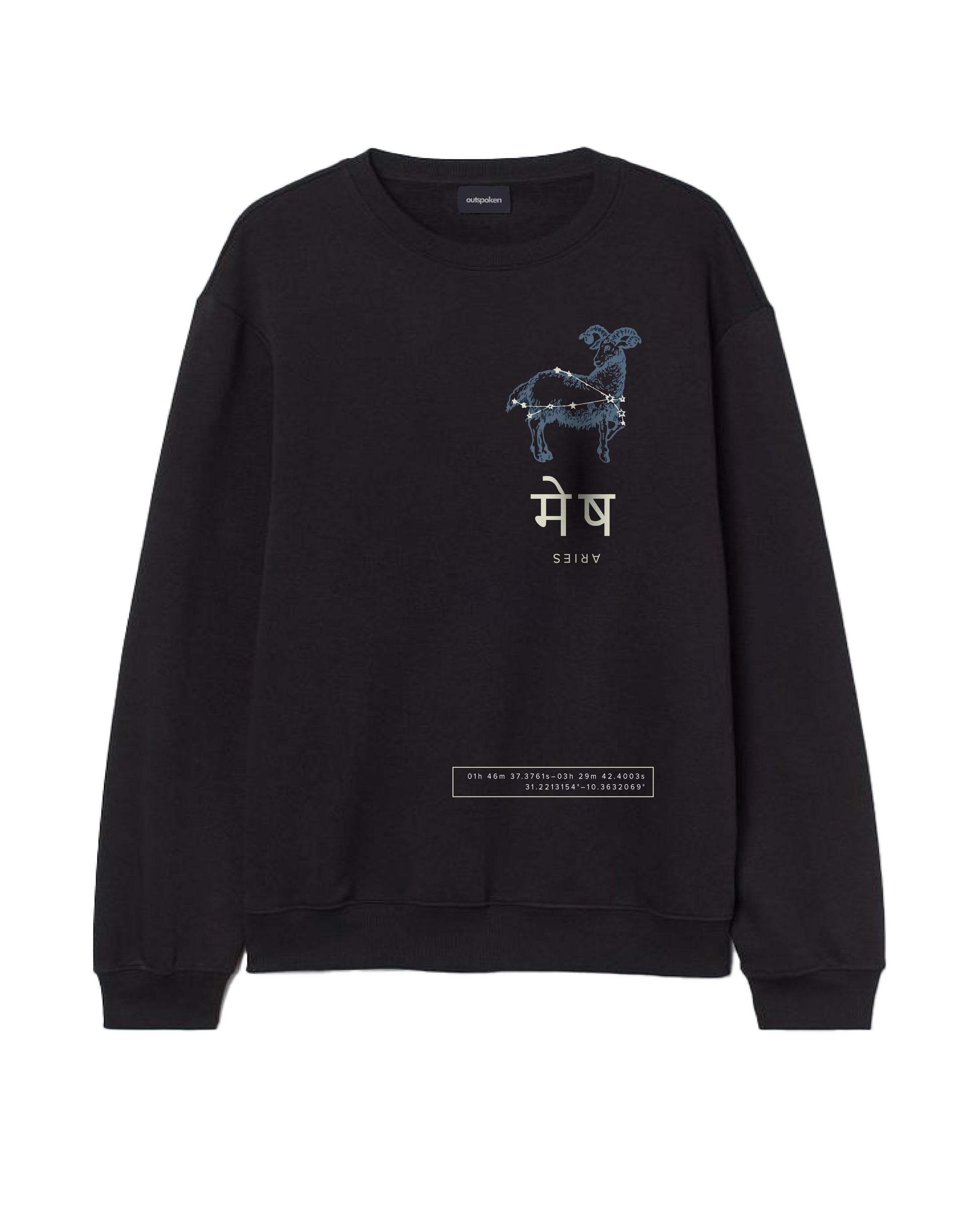 Outspoken black cultural zodiac sweatshirt India with Aries constellation and Hindi text design