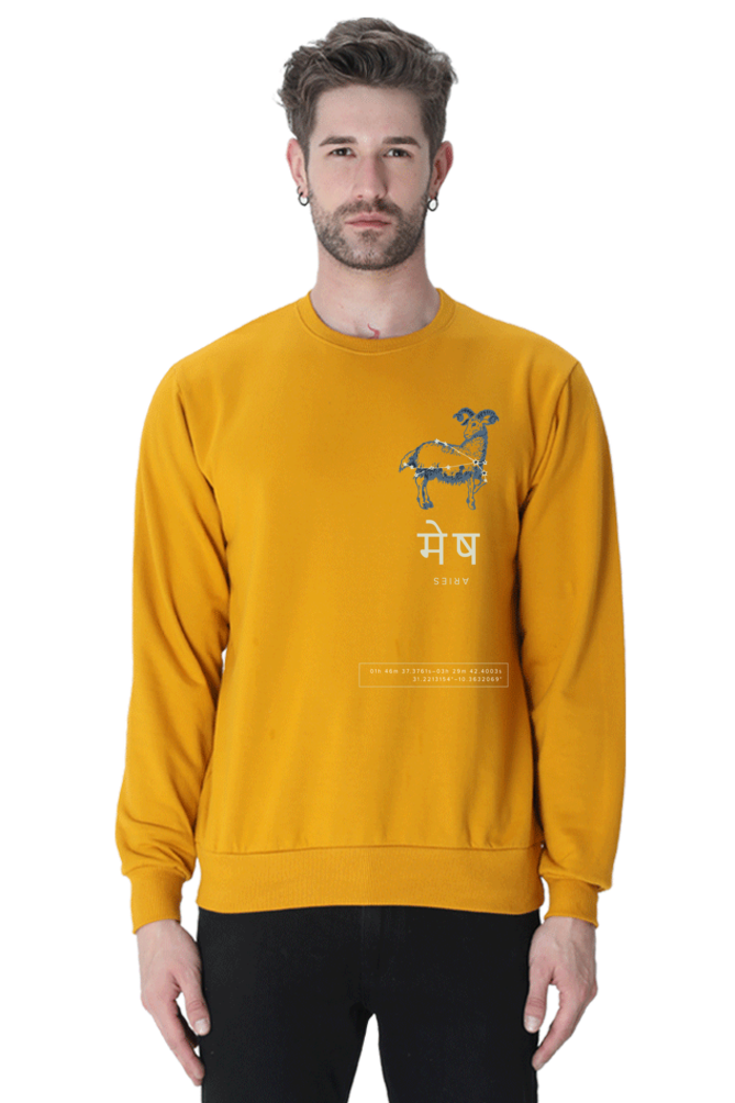Outspoken mustard yellow cultural zodiac sweatshirt India featuring Aries symbol and Hindi text