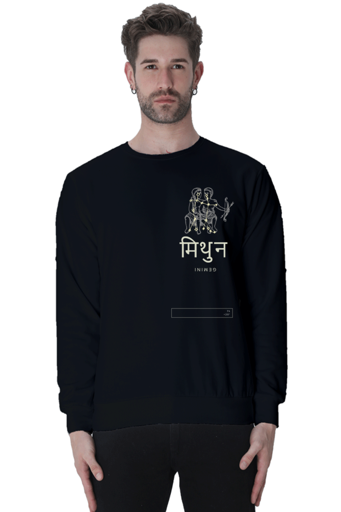 Black Gemini zodiac sweatshirt from Outspoken featuring Gemini twins graphic and text in Hindi on front