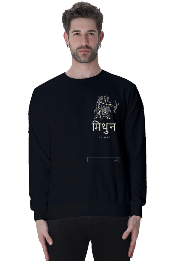 Outspoken black Gemini zodiac sweatshirt with Gemini symbol and text worn by male model