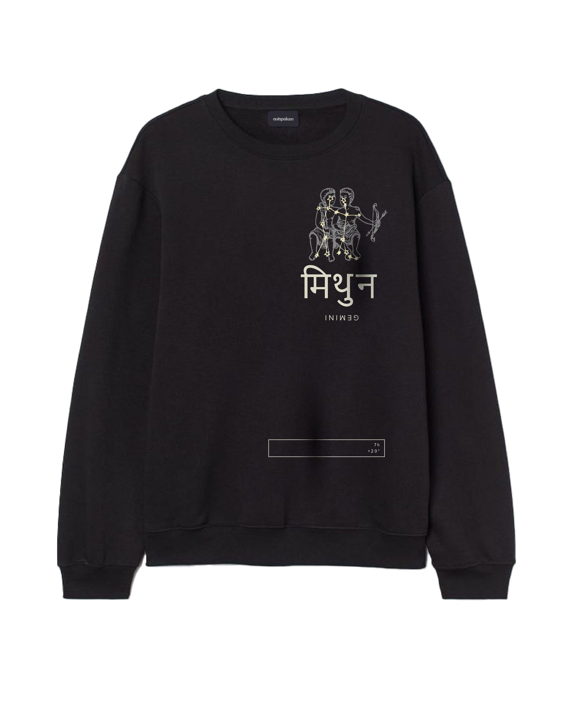 Black Gemini zodiac sweatshirt by Outspoken with artistic Gemini twins and Hindi text design