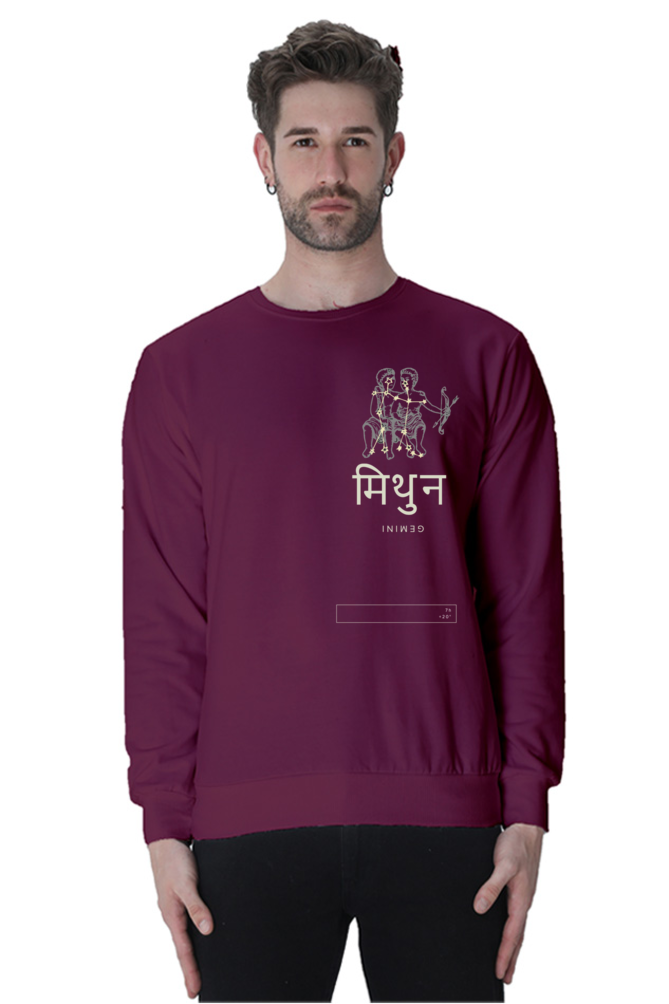 Outspoken maroon Gemini zodiac sweatshirt with twin symbol and Hindi script worn by male model