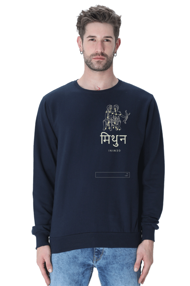 Outspoken Gemini zodiac sweatshirt in navy blue featuring Gemini twins graphic and text in Hindi