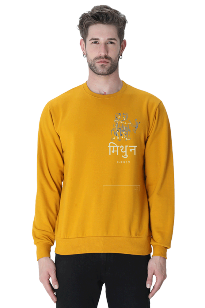 Outspoken mustard yellow Gemini zodiac sweatshirt with graphic twin symbol and Hindi text