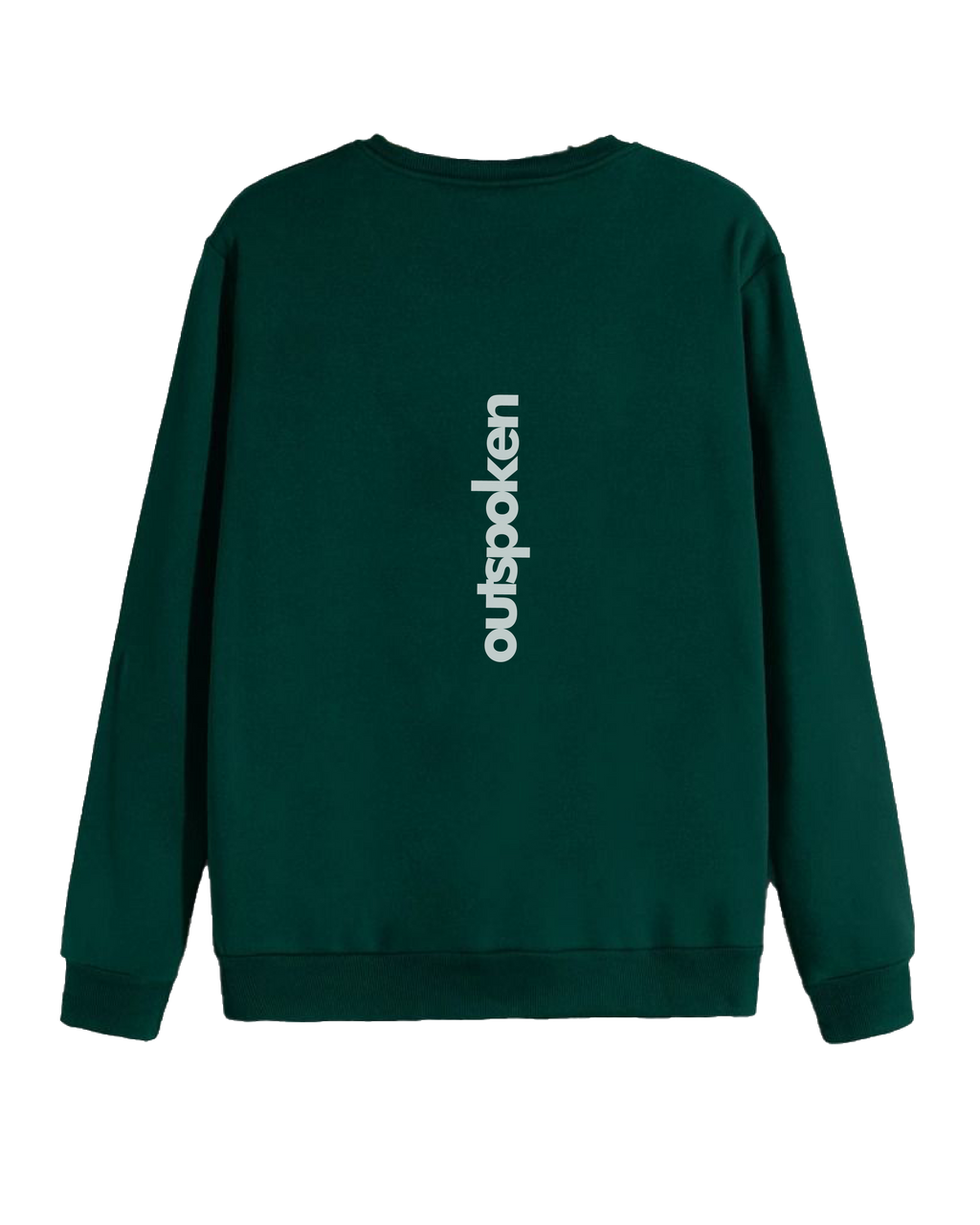 Outspoken green graphic sweatshirt with history featuring vertical white logo text on the back