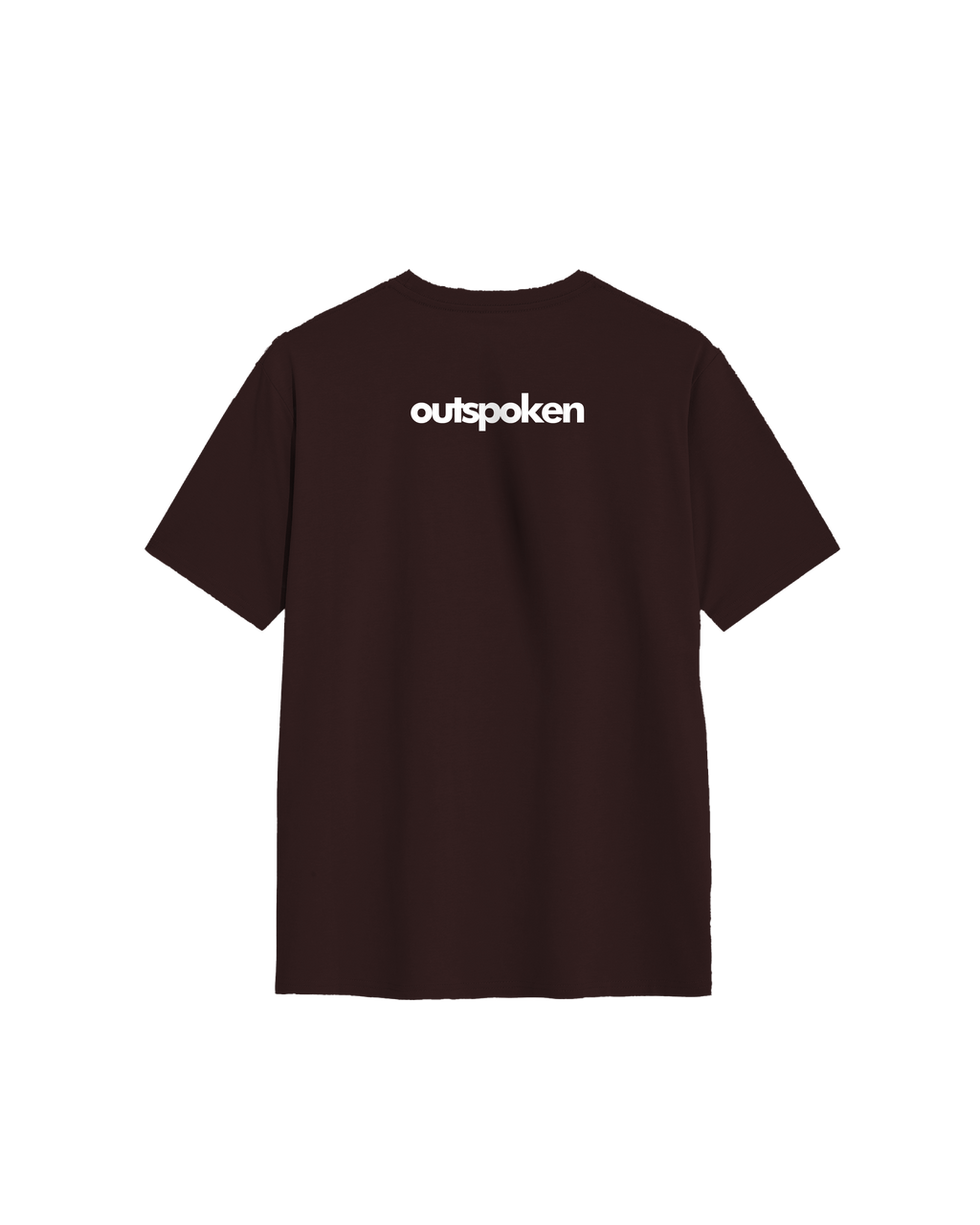 Outspoken brand brown Indian alphabet graphic tee showing back with white logo print
