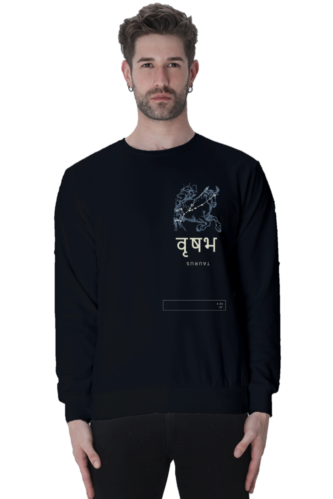 Outspoken black Indian cultural sweatshirt with white text and graphic design worn by male model