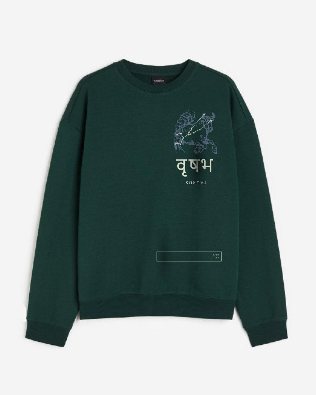 Outspoken dark green Indian cultural sweatshirt with constellation and Hindi text design