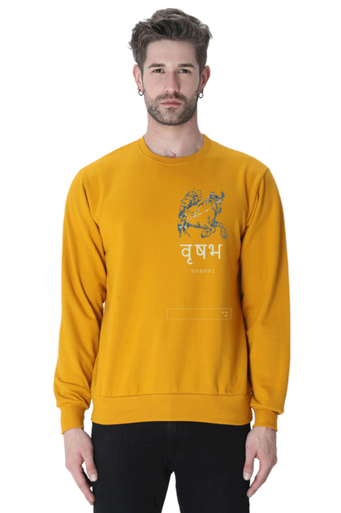 Outspoken Indian cultural sweatshirt in mustard yellow with graphic design and Hindi text