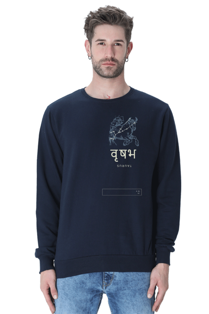 Outspoken navy blue Indian cultural sweatshirt with artistic graphic and Hindi text worn by male model