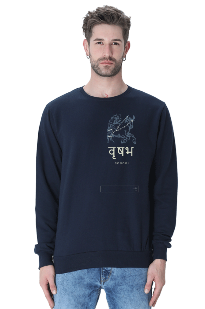 Outspoken navy blue Indian cultural sweatshirt with graphic and Hindi text worn by male model