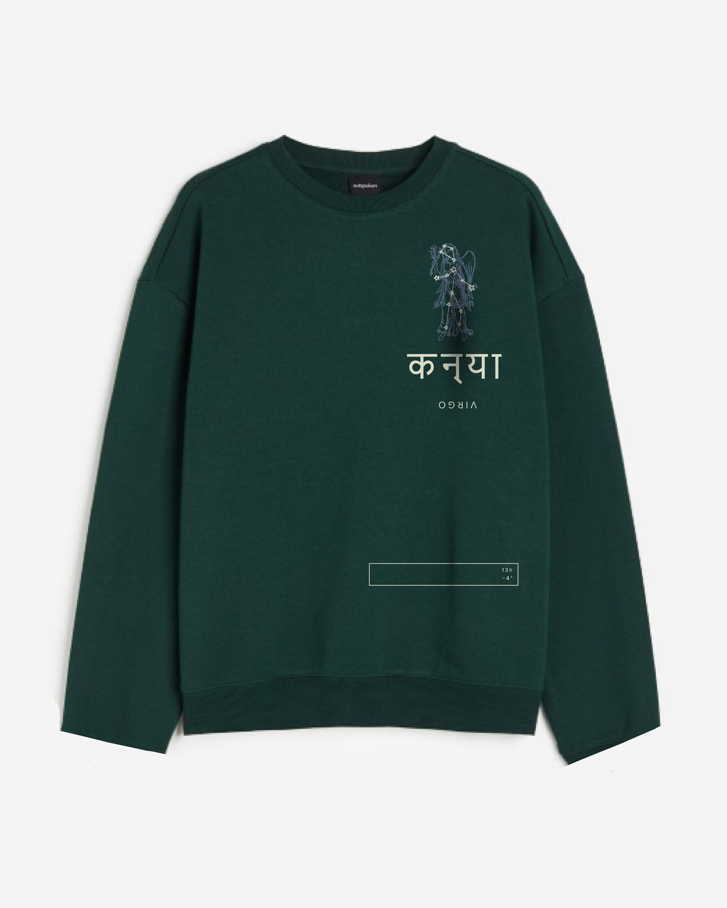 Dark green Indian culture graphic sweatshirt by Outspoken with traditional warrior design and Hindi text