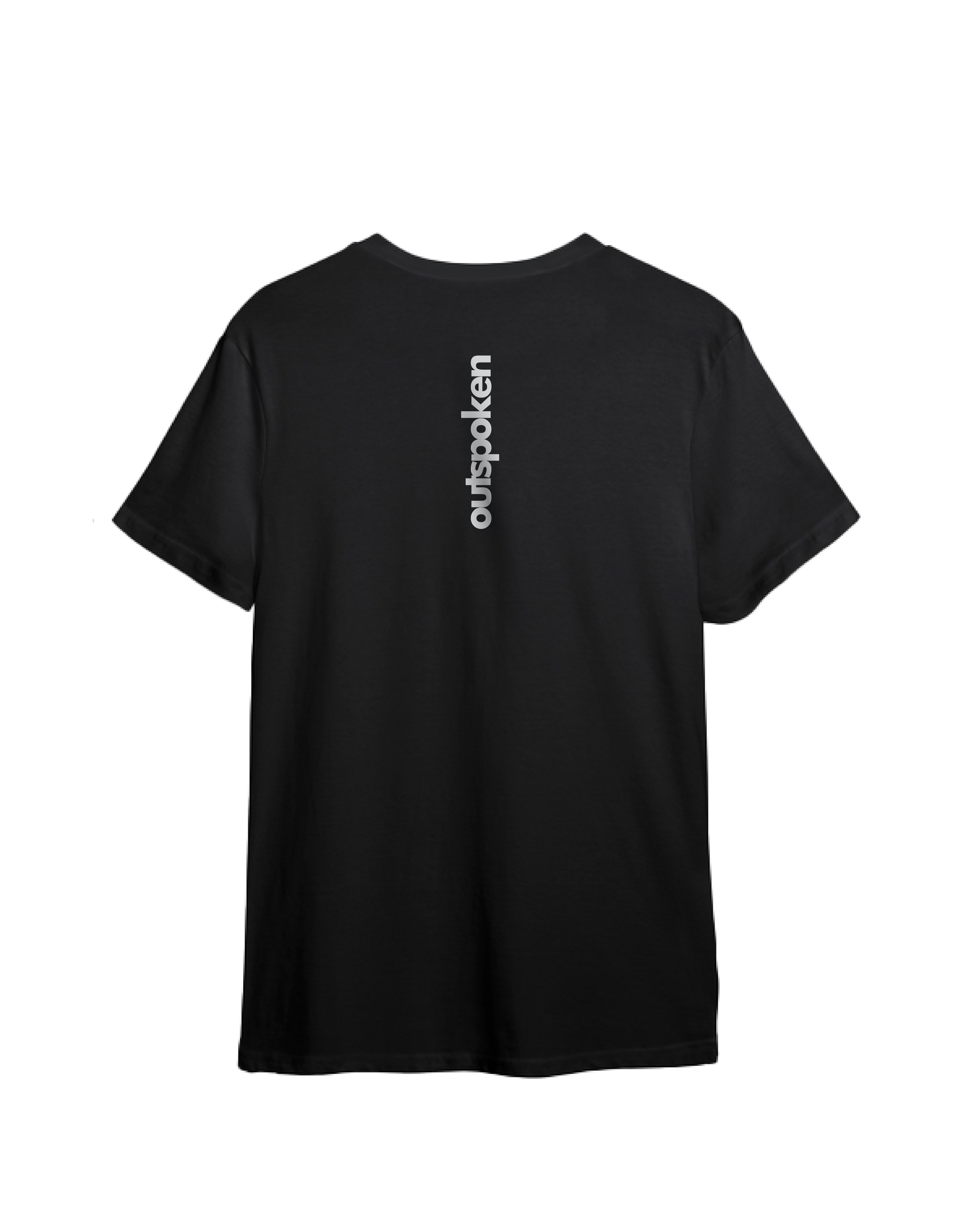 Black Outspoken Indian culture graphic tee with vertical logo on the back and short sleeves