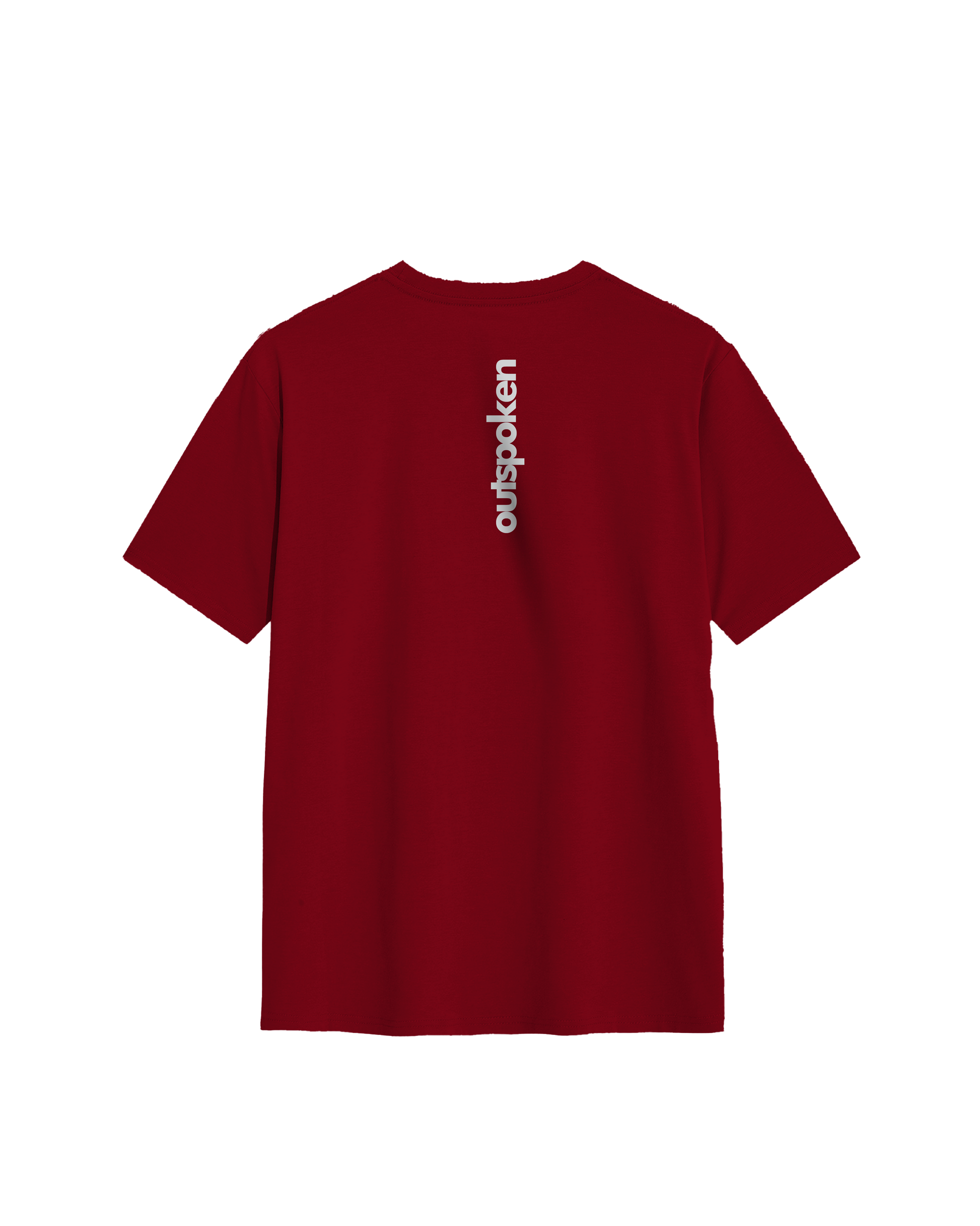 Outspoken red Indian culture graphic tee with vertical white logo printed on back