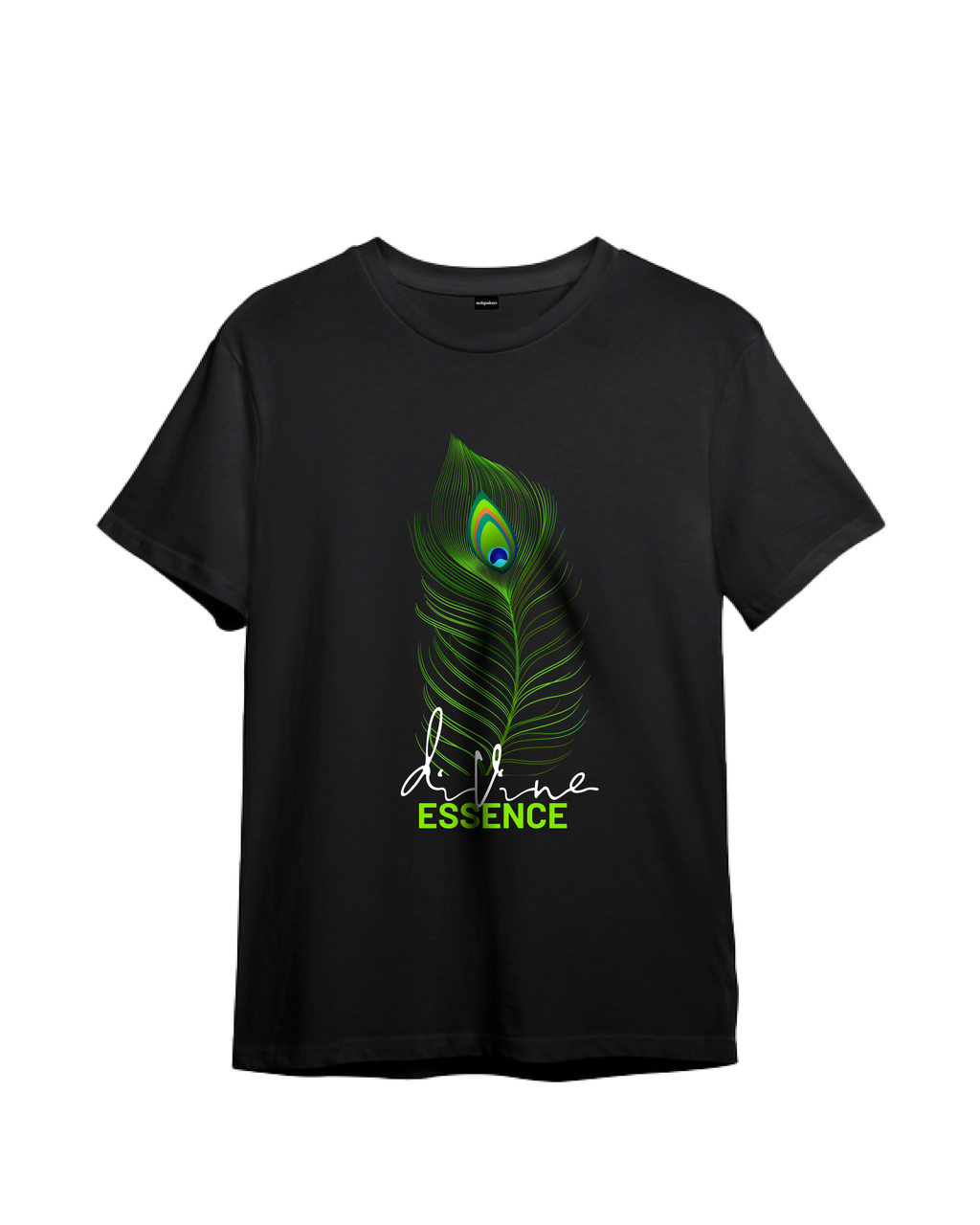Black t-shirt with a vibrant peacock feather design and the words divine essence Indian culture graphic tee