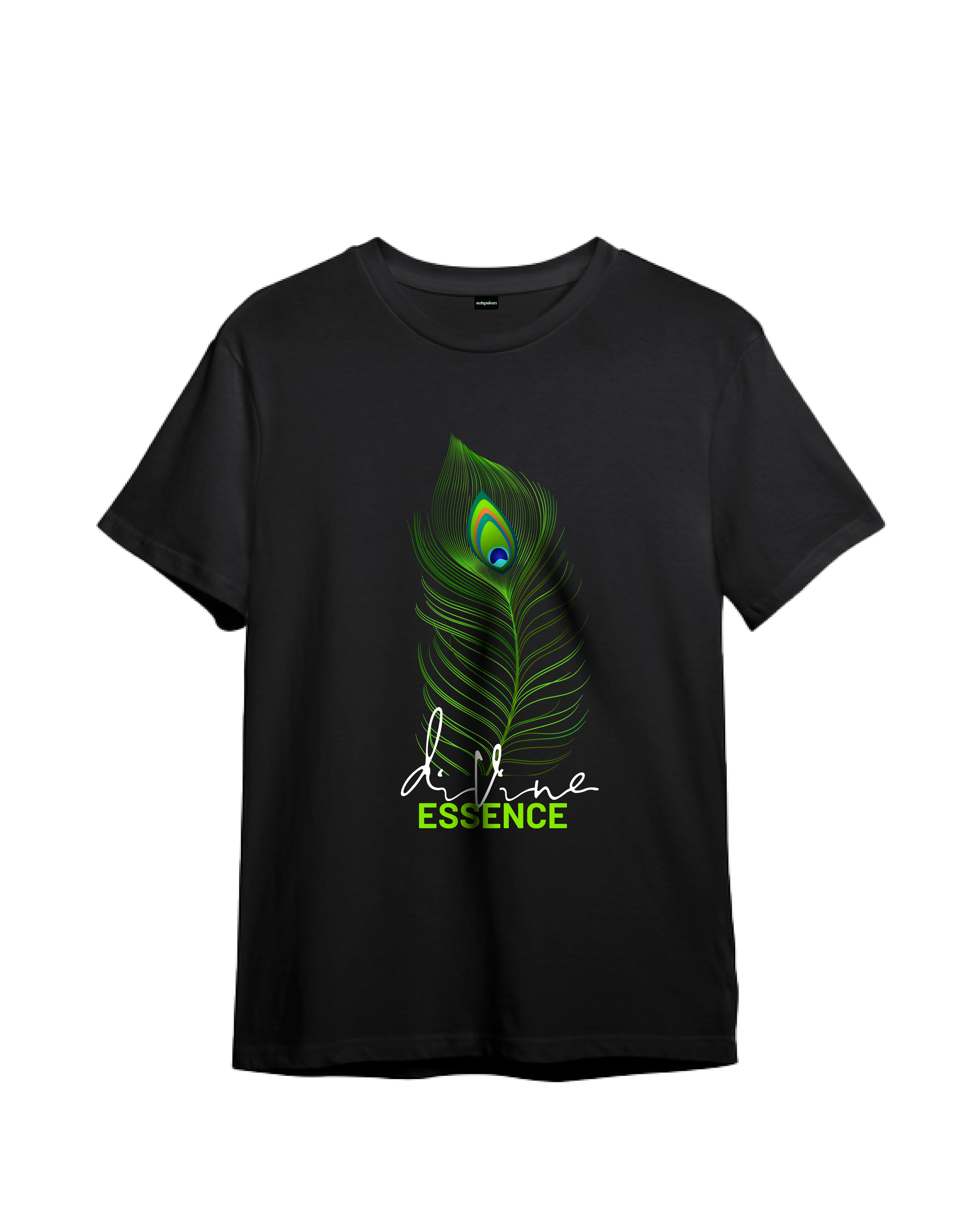 Black t-shirt with a vibrant peacock feather design and the words divine essence Indian culture graphic tee