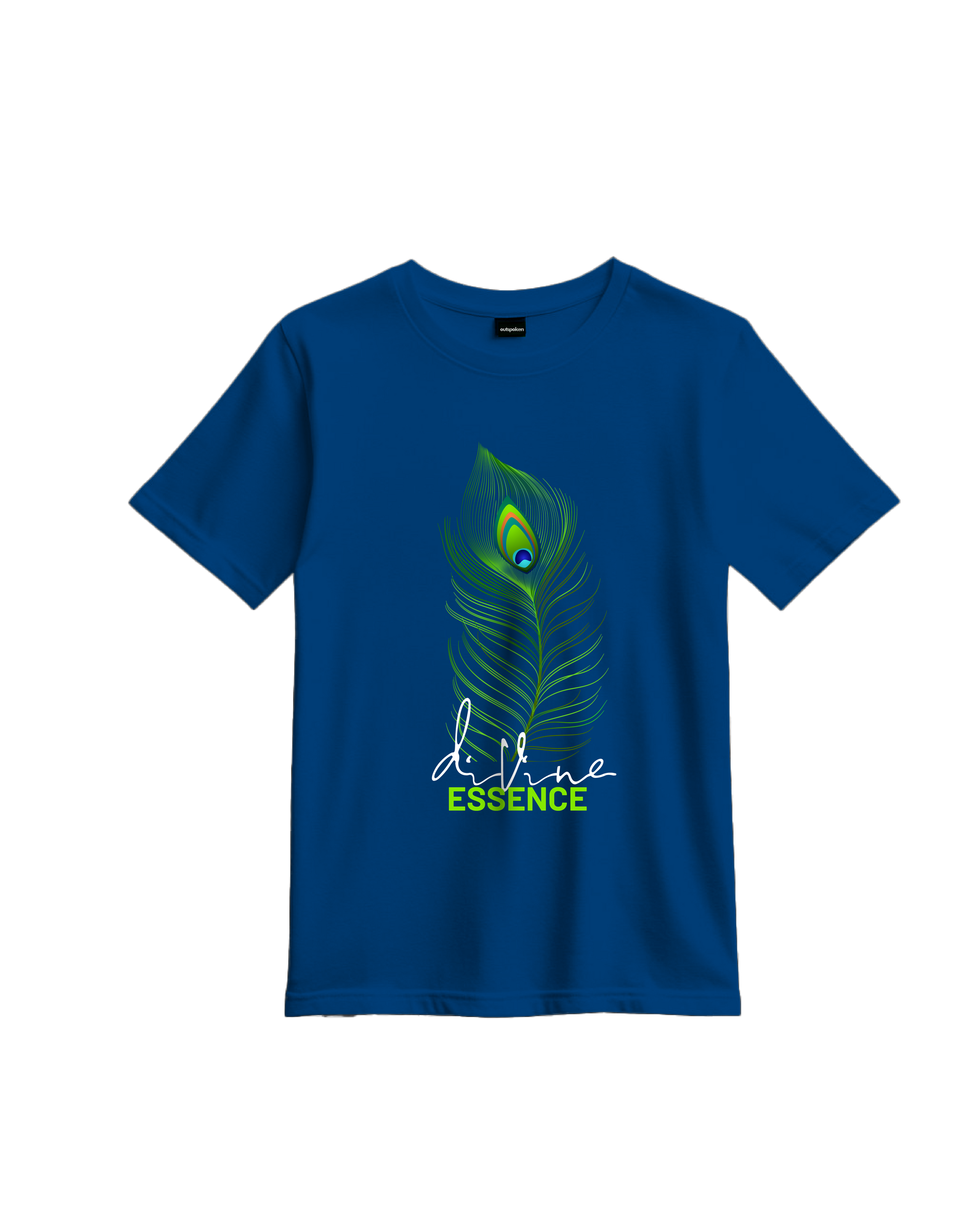 Outspoken blue Indian culture graphic tee featuring a vibrant peacock feather design and lifeline essence text