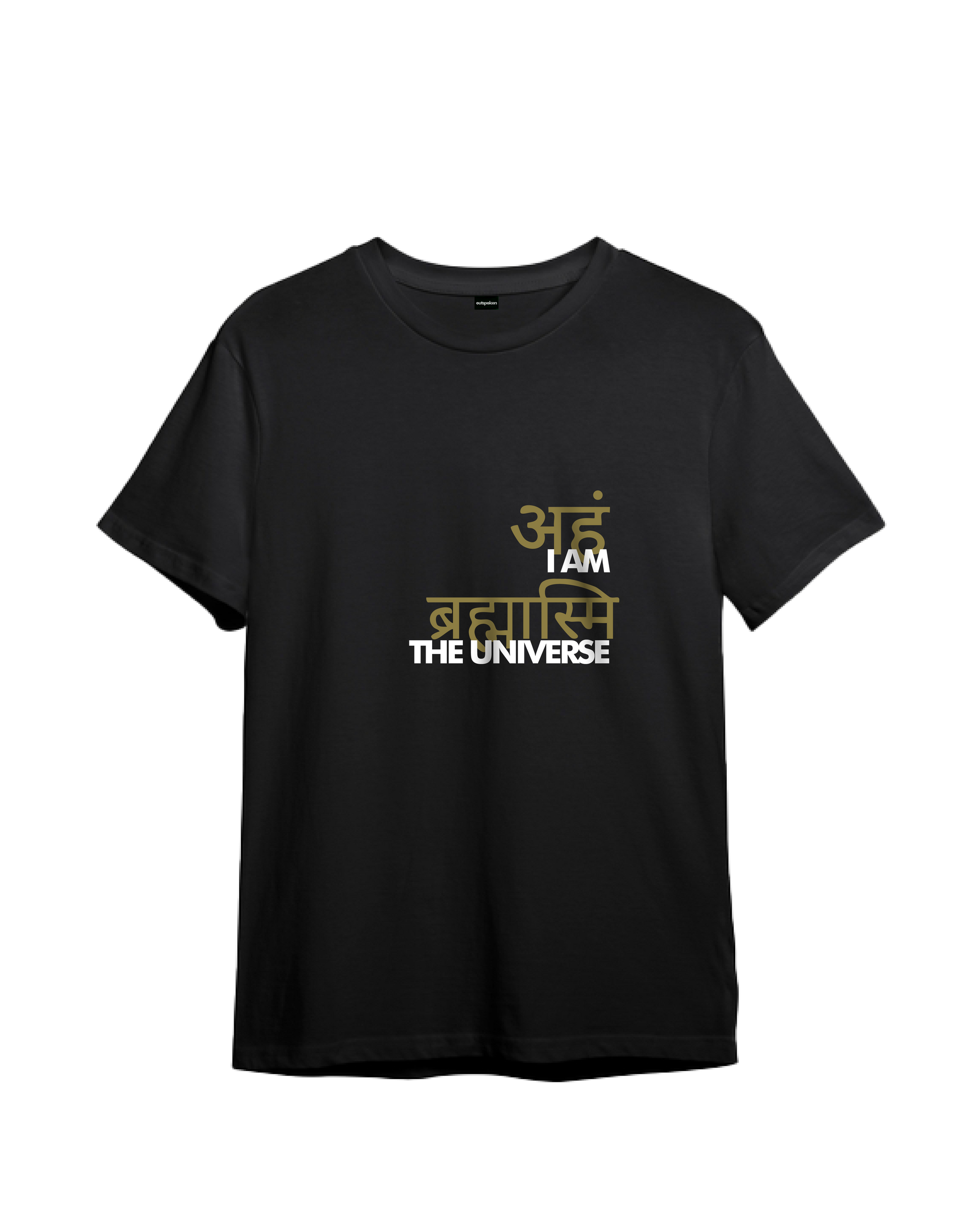 Black Outspoken Indian culture graphic tee with I am the universe Sanskrit text design