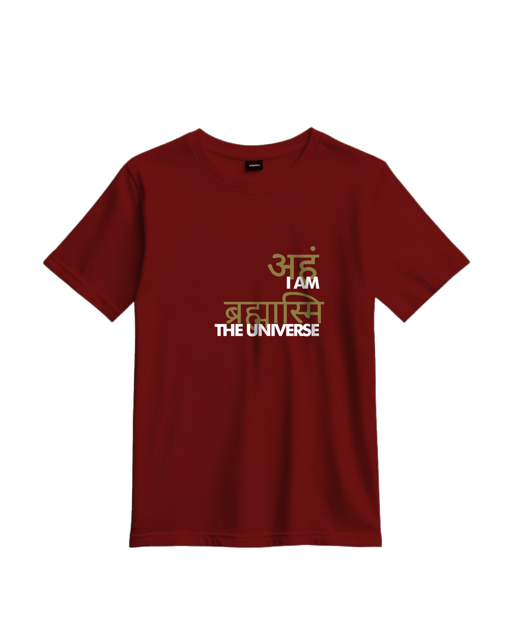 Outspoken maroon Indian culture graphic tee with Sanskrit text and I am the universe design