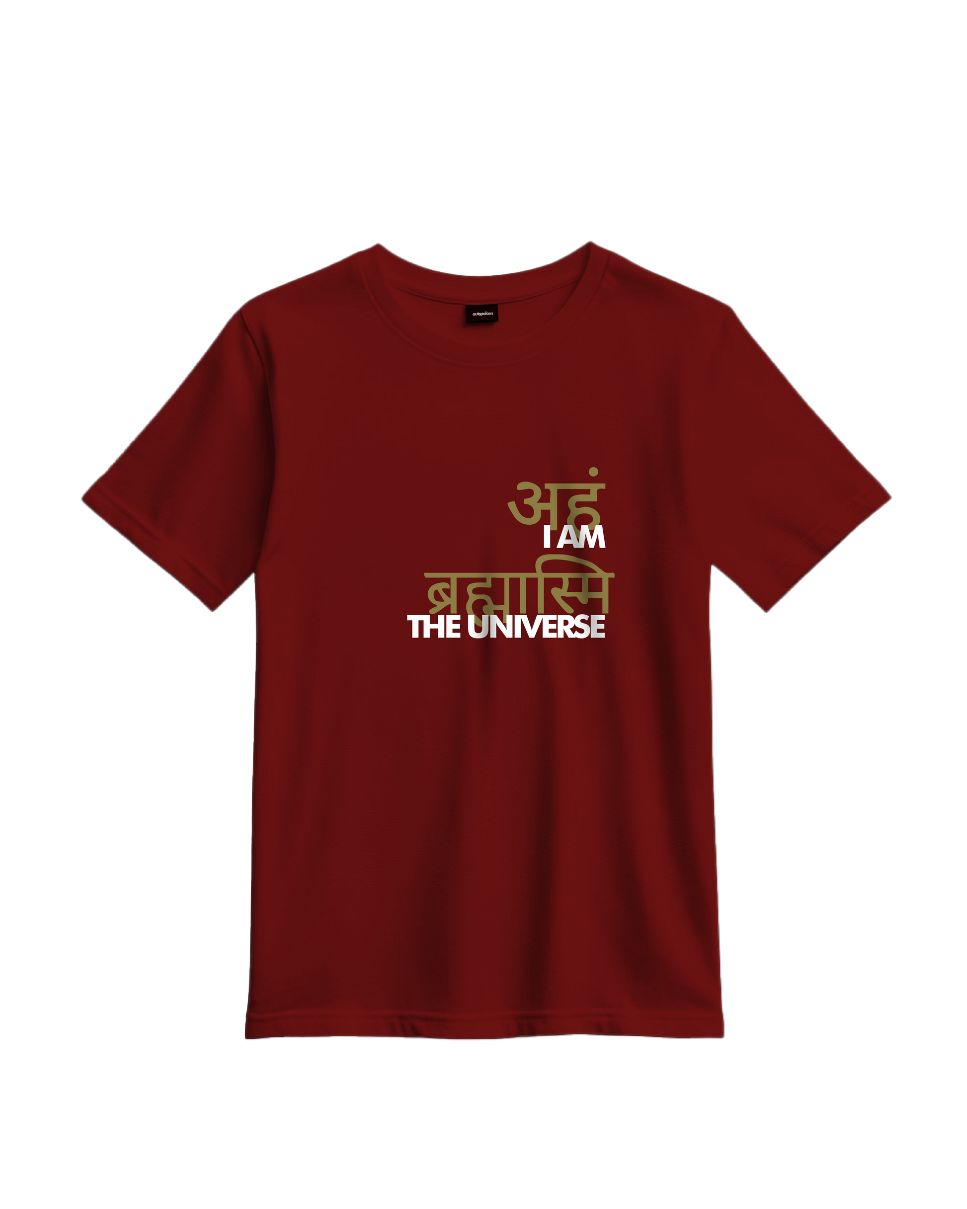 Outspoken maroon Indian culture graphic tee with Sanskrit text and I am the universe design
