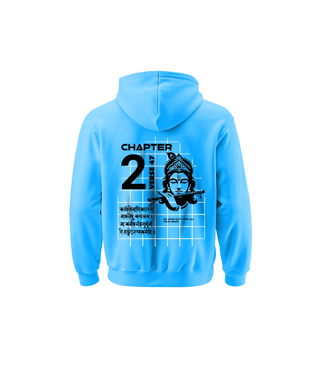 Outspoken light blue Indian culture hoodie with black graphic of Lord Krishna and Chapter 2 verse 47 text