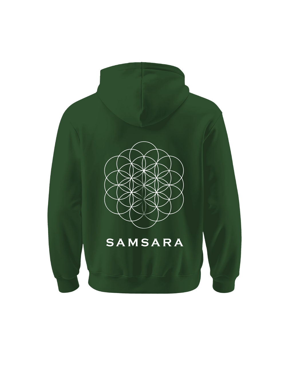 Green hoodie with white geometric mandala and Samsara text representing Indian culture hoodie from Outspoken