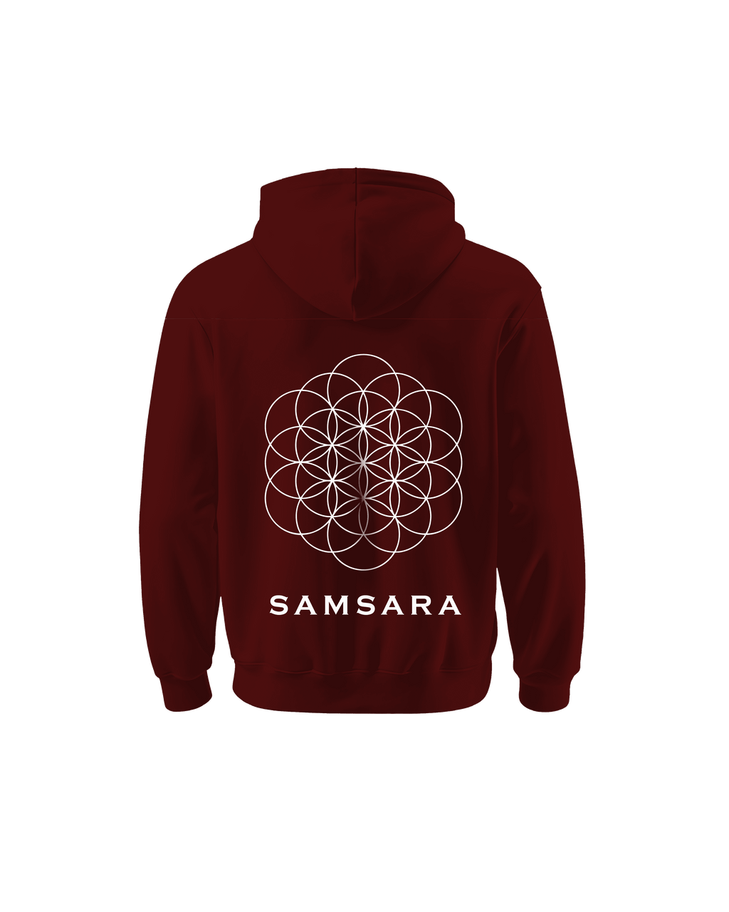 Outspoken Indian culture hoodie in dark red with white Samsara geometric design on the back