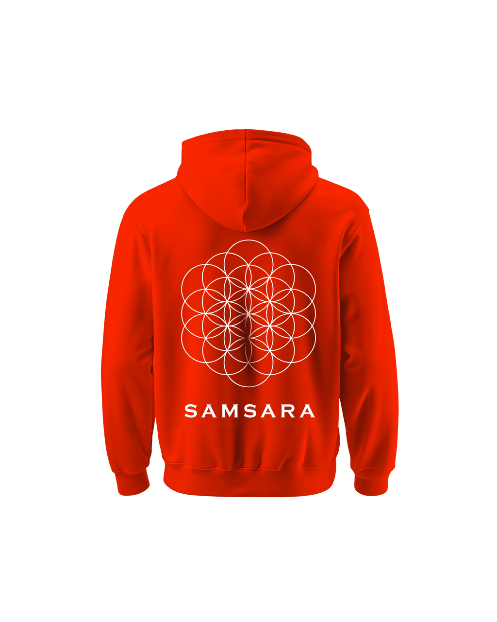 Outspoken red Indian culture hoodie with white Samsara geometric design on the back