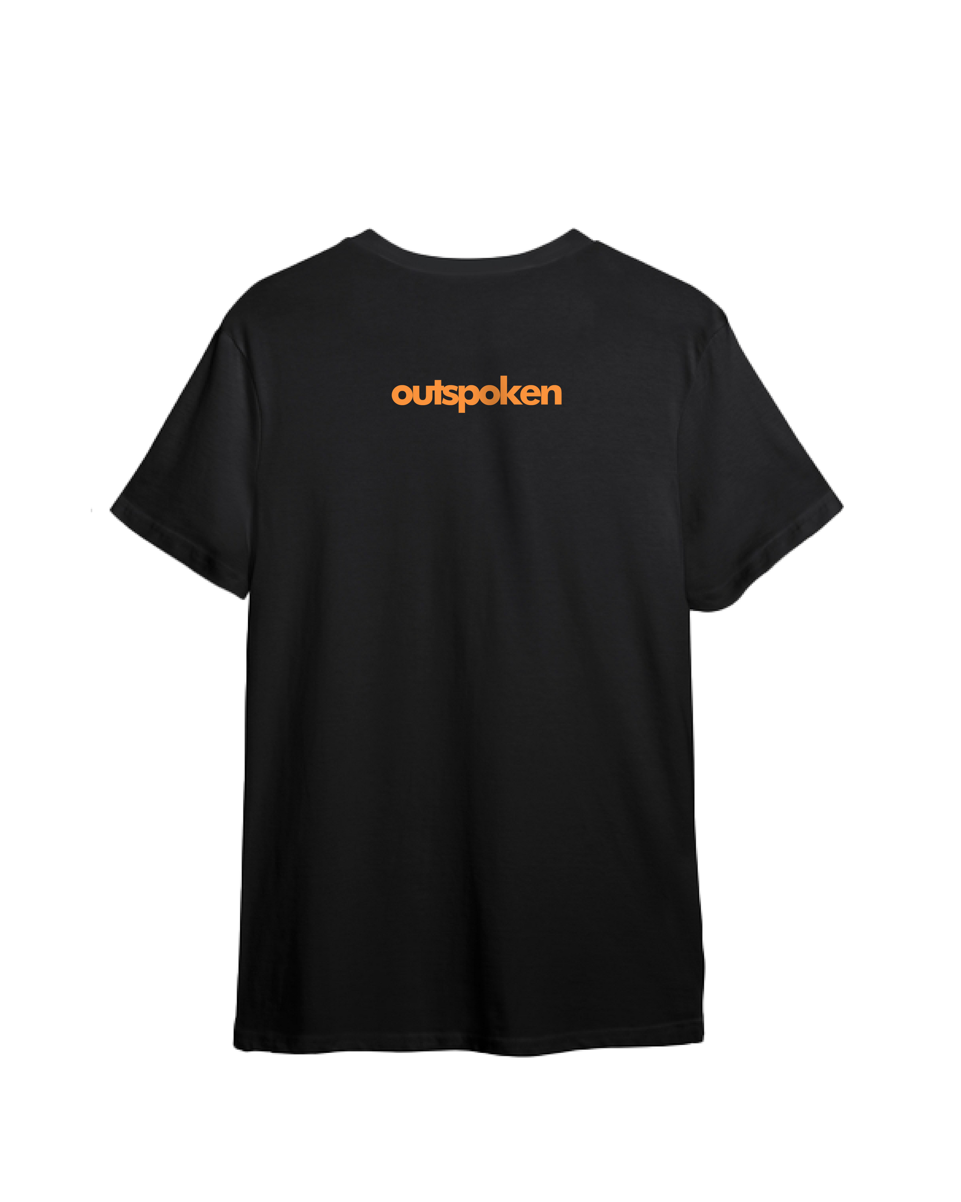 Black Indian history graphic tee by Outspoken showing the back with orange logo text