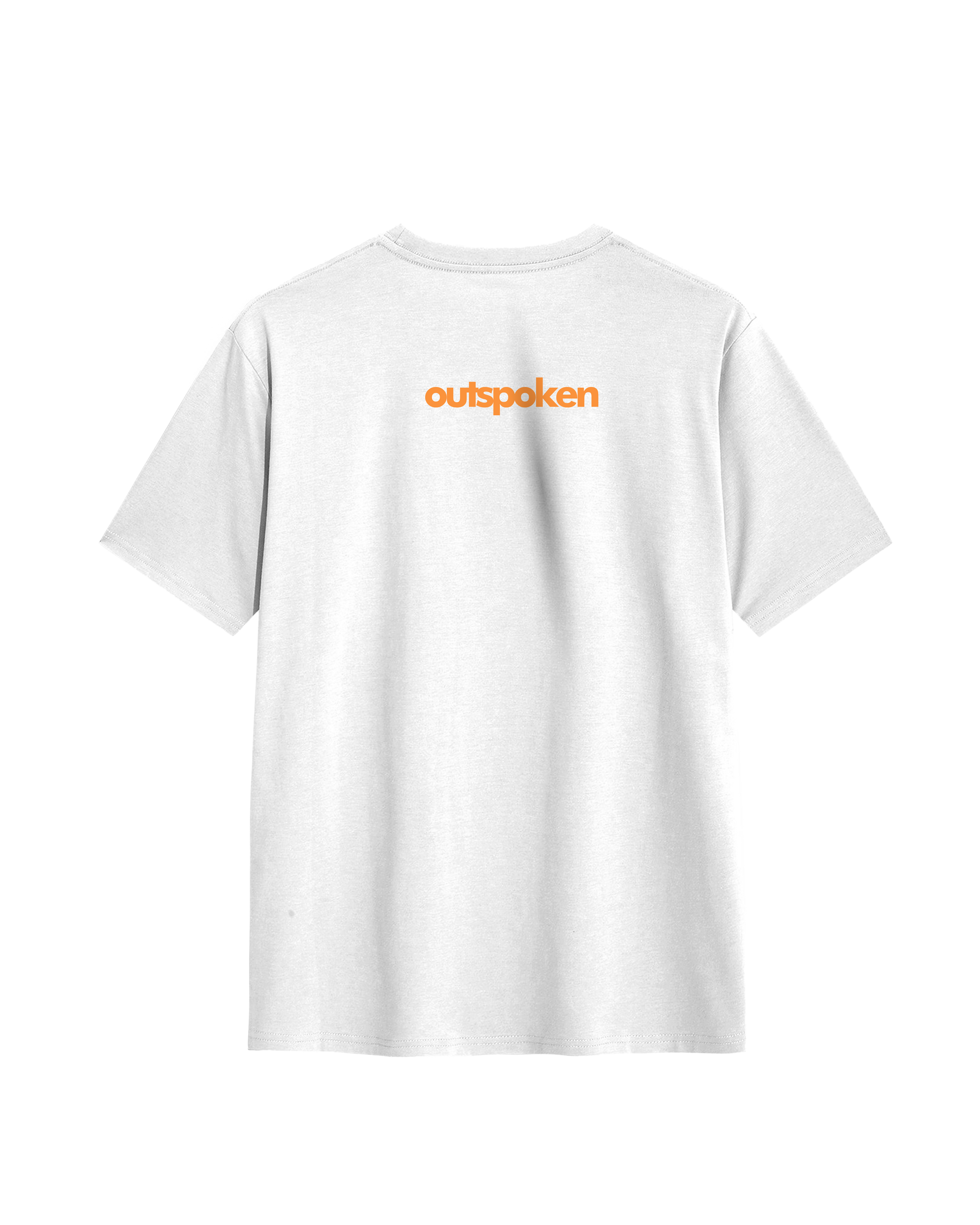 White Outspoken Indian history graphic tee with orange logo on the back neck area