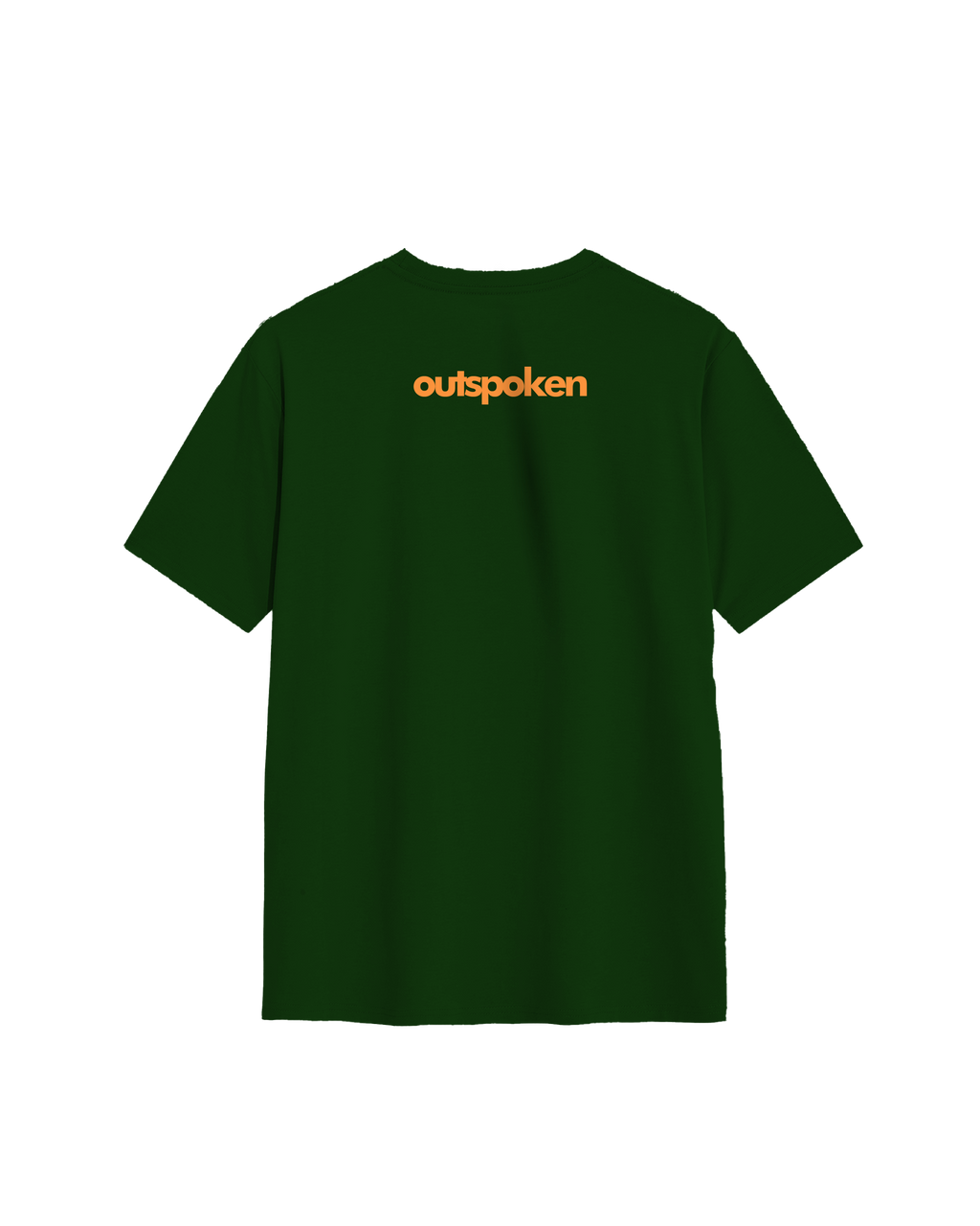 Outspoken green Indian language graphic tee with orange logo printed on the back