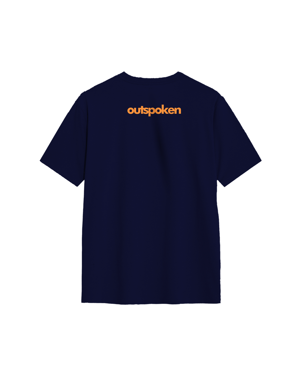 Outspoken navy blue Indian language graphic tee with orange logo printed on the back