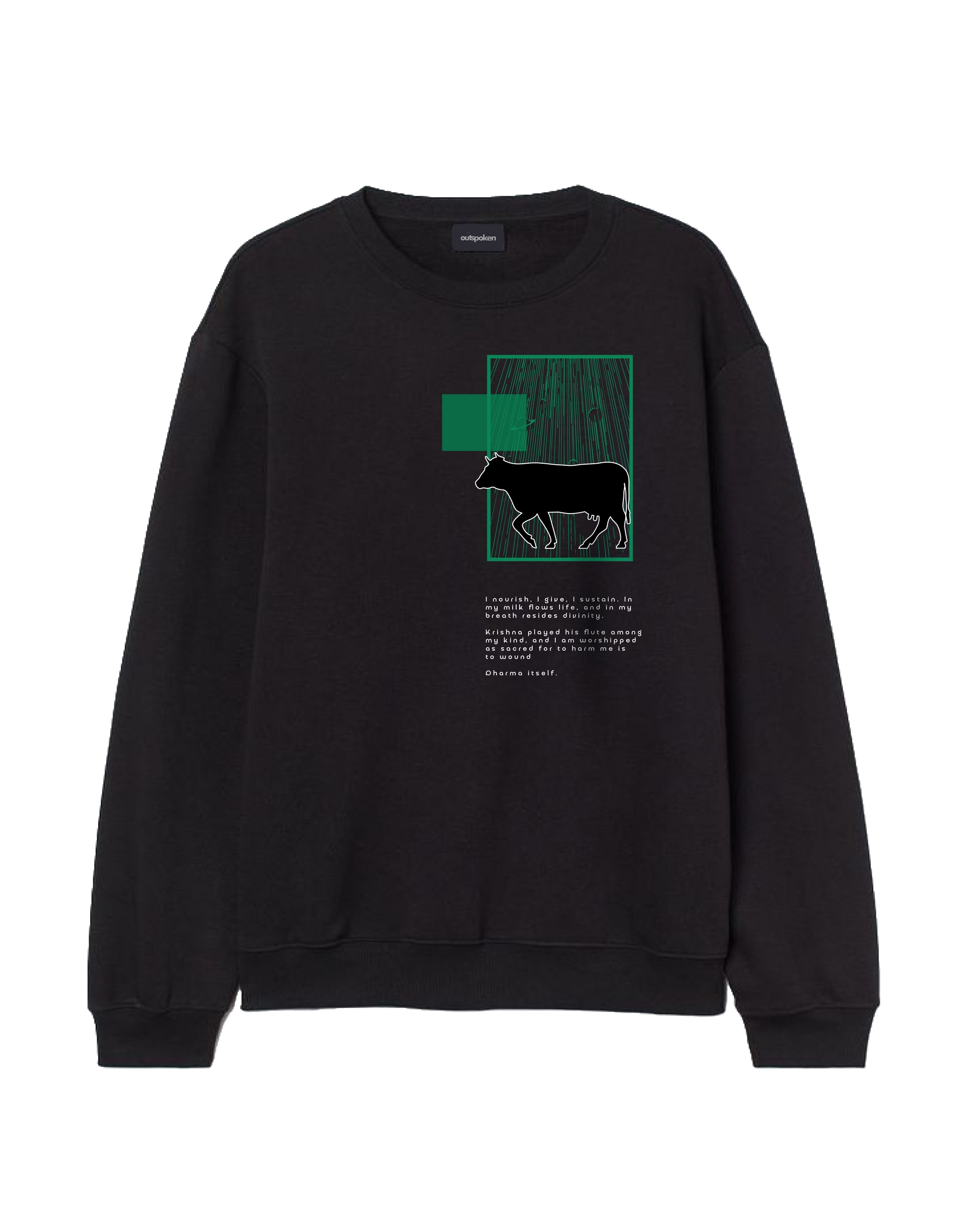 Black sweatshirt featuring graphic design inspired by Indian mythology clothing with cow illustration