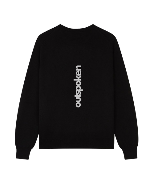 Black sweatshirt with Outspoken logo on back featuring Indian mythology clothing style
