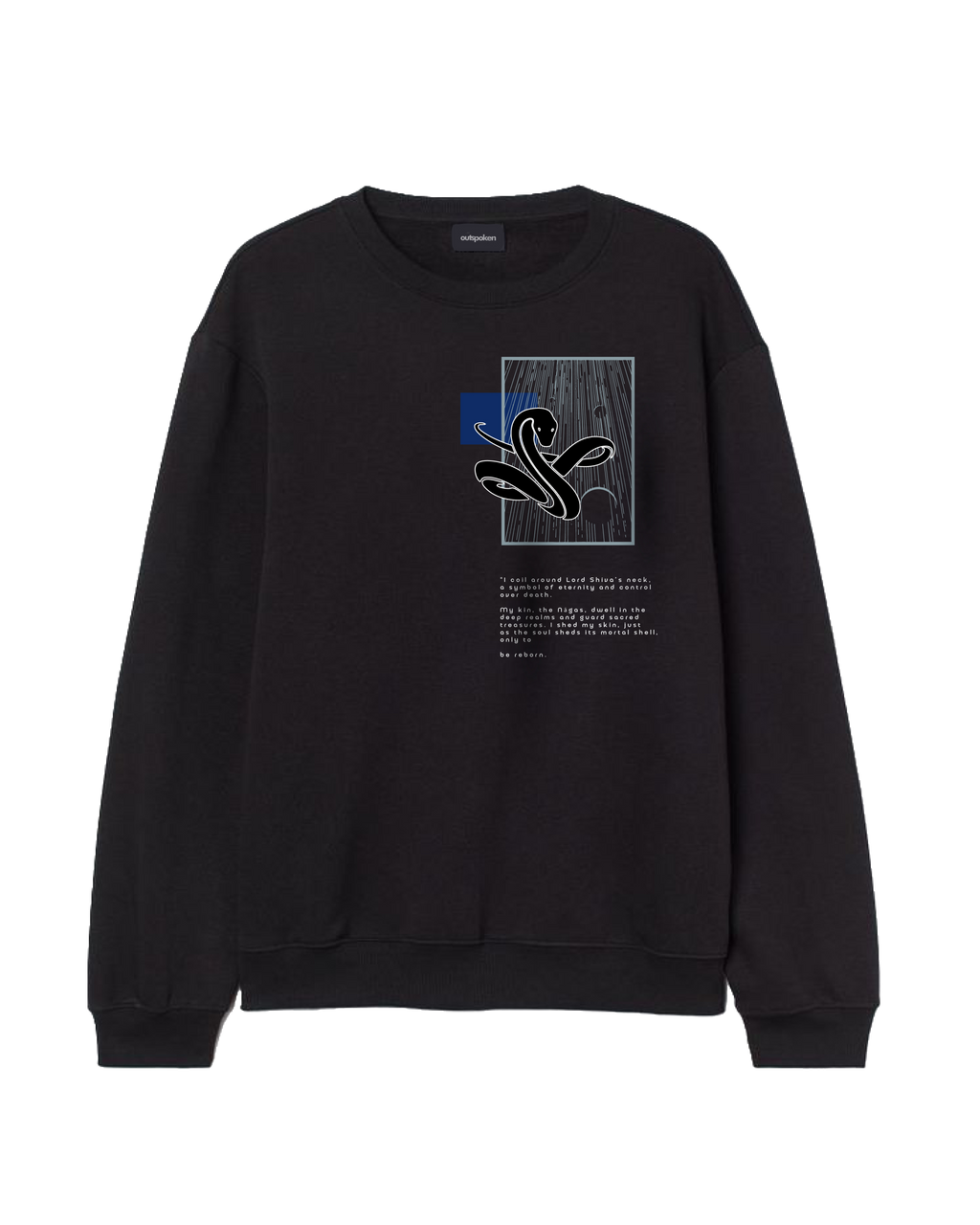 Black Outspoken sweatshirt featuring Indian mythology clothing design with abstract graphic and text