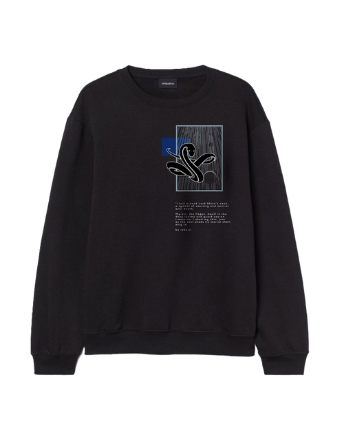 Black Outspoken sweatshirt featuring Indian mythology clothing design with abstract graphic and text