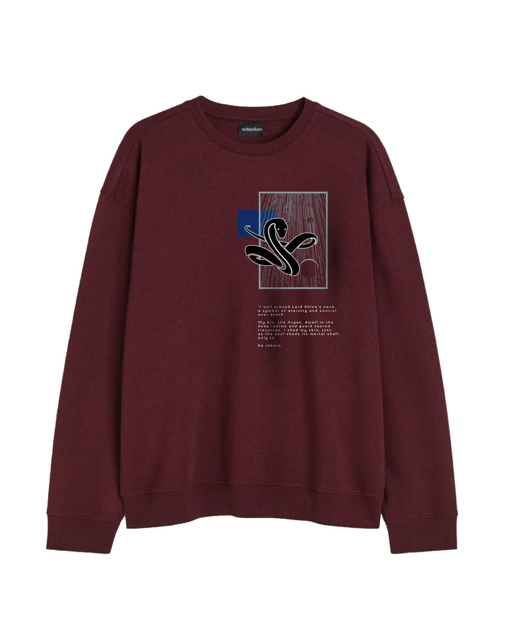 Outspoken maroon sweatshirt with black snake graphic and text, Indian mythology clothing style