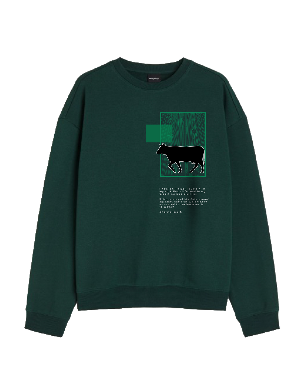 Outspoken dark green sweatshirt featuring Indian mythology clothing design with black cow silhouette and graphic text