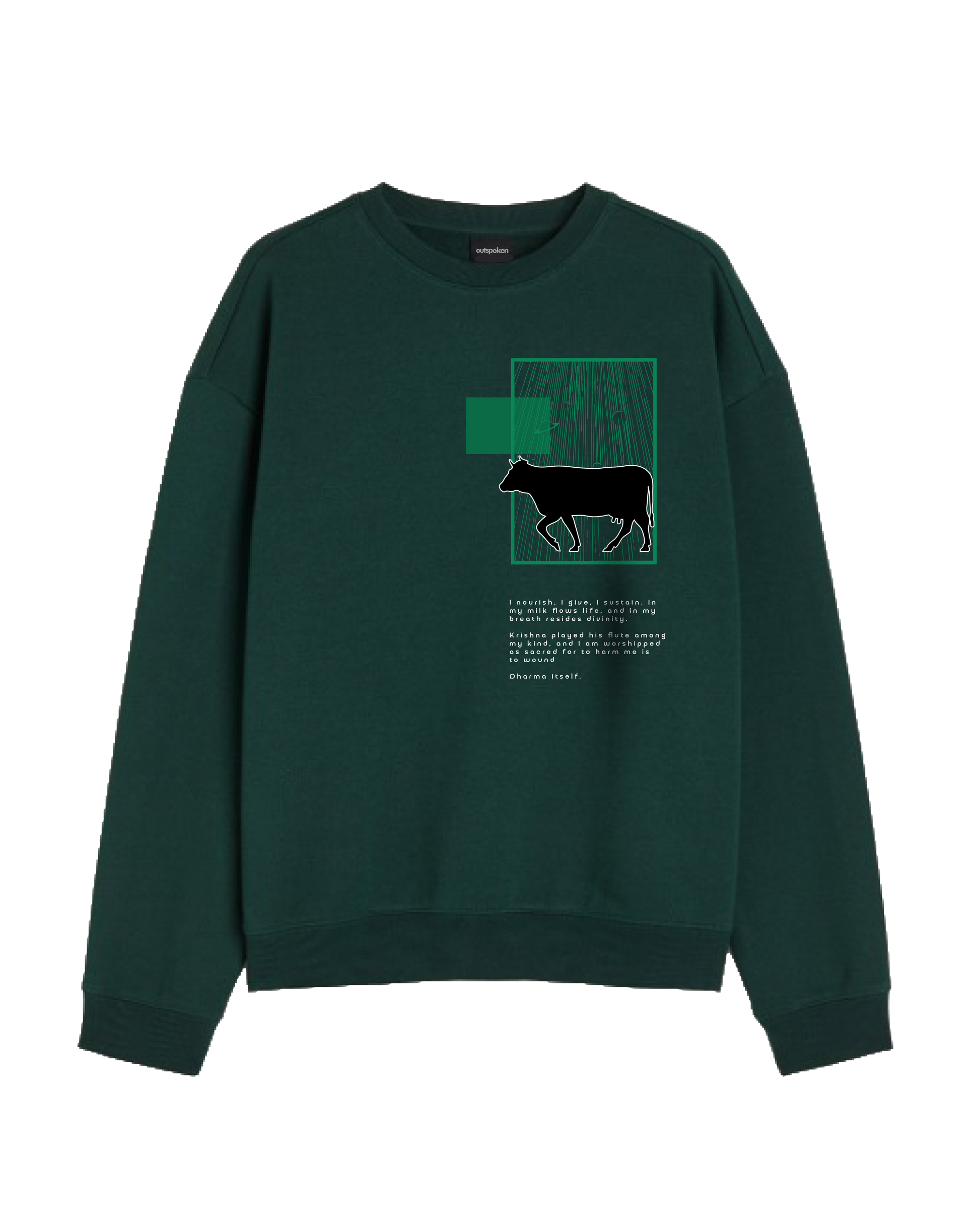 Outspoken dark green sweatshirt featuring Indian mythology clothing design with black cow silhouette and graphic text